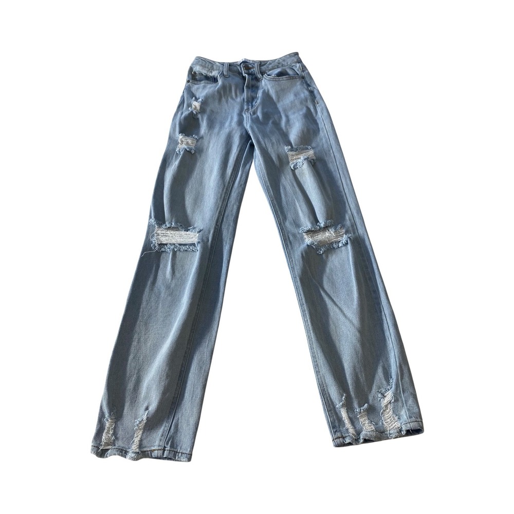 Tinseltown Light Wash Distressed High Rise Straight Leg Denim Jeans Youth